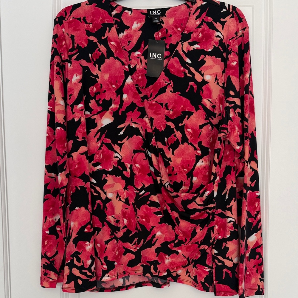 INC top in vibrant pink, peach, and black